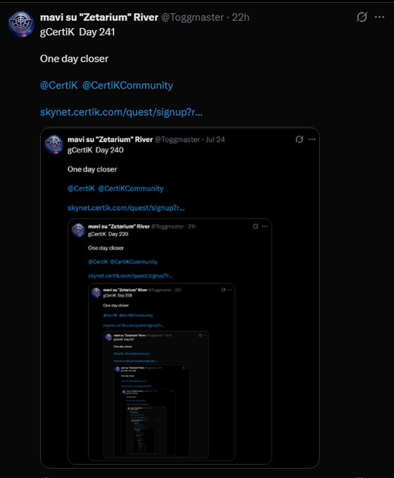 A social media post screenshot showing a recursive nested tweet chain from user @Toggmaster counting 'One day closer' to a gCertiK event on day 241.