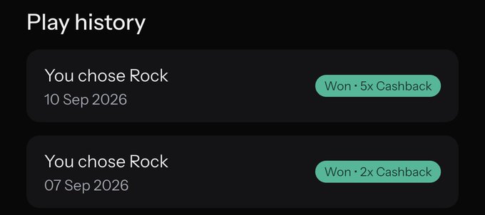 A dark-themed "Play history" interface showing two recent entries where the user chose Rock and won 5x Cashback (10 Sep 2026) and 2x Cashback (07 Sep 2026), supporting the post celebrating 15% total cashback winnings on @KASTxyz.