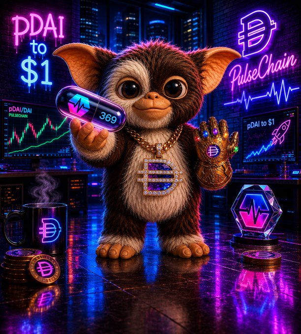 The image features a cartoon-like illustration of a little dog dressed like a human with fake muscles, wearing a gold chain around its neck. The dog appears to be holding a miniature bottle of medication or a pill, as well as various other small items scattered around in the scene, such as a cup and some coins.

In the image's context, there is also a poster showing a toy character with a Bitcoin symbol on it, promoting Bitcoins for sale. The poster includes text that reads "Never sell your $Gizmo. $Gizmo and $pDAI on pulsechain.com/pulsechain/0xe". This suggests the toy character and its owner are related to the digital currency, possibly representing a character or a game in which buying Bitcoins is an important aspect.