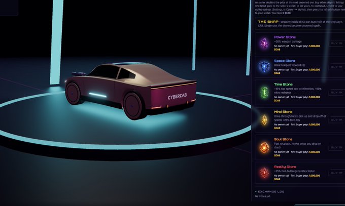 A video game screenshot of a cyberpunk-style car labeled 'CYBERCAR' displayed in a showroom, alongside a shop menu listing items such as Power Stone, Space Stone, and Time Stone.