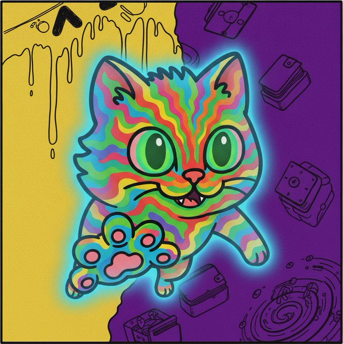 A vibrant, psychedelic illustration of a colorful rainbow-striped cat with glowing green eyes on a split yellow and purple background, surrounded by illustrations of instant cameras and film rolls.