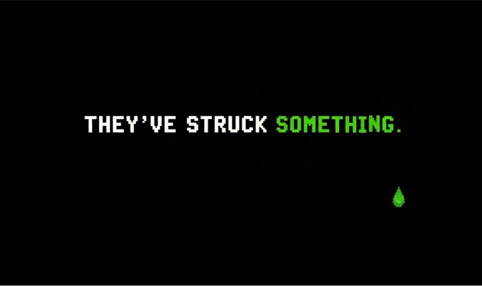 Pixelated white and green text on a black background reads "THEY'VE STRUCK SOMETHING," accompanied by a small green oil drop icon in the lower right, serving as a teaser announcement image for the upcoming SAUDIS: OIL RIGS NFT collection launch on Robinhood.