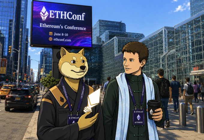 The image features two cartoon characters dressed in suits walking down a city street with a large billboard advertising an upcoming EthCon conference. The characters are holding coffee cups as they walk, suggesting that they might be attending the event or taking a break from their day.