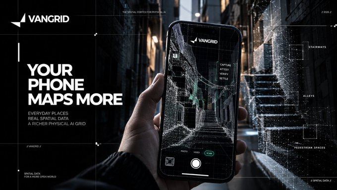 A promotional image for Vangrid featuring a hand holding a smartphone displaying the app's spatial mapping interface, with the tagline 'YOUR PHONE MAPS MORE' and text noting 'EVERYDAY PLACES YIELD REAL SPATIAL DATA.'