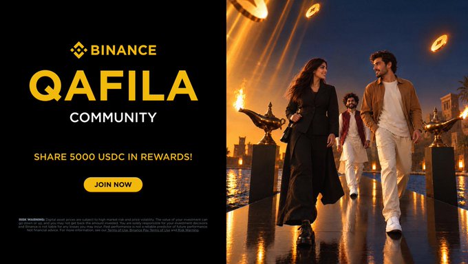 A Binance “QAFILA COMMUNITY” promotion offers “SHARE 5000 USDC IN REWARDS!” with a “JOIN NOW” button, alongside people walking through a torch-lit setting.