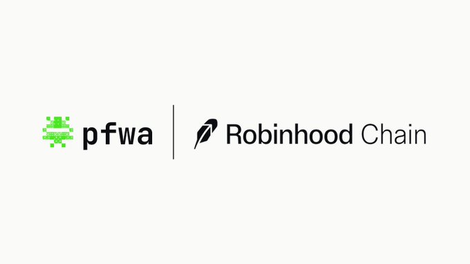 A logo graphic displaying 'pfwa' with a green pixel character next to the 'Robinhood Chain' logo, separated by a vertical line on a light gray background.