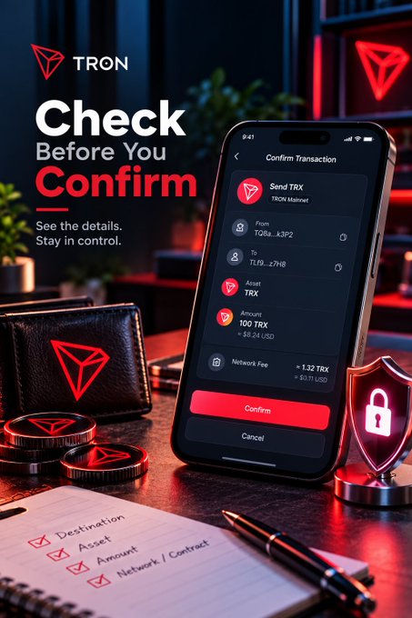 TRON promotional image reading “Check Before You Confirm” and “See the details. Stay in control.” A smartphone shows a TRON transaction confirmation screen with “From,” “To,” “Asset TRX,” “Amount 100 TRX,” and a red “Confirm” button.