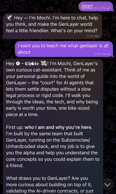 Telegram chat with '/start' and a conversation with 'Mochi', GenLayer's cat-assistant, explaining GenLayer as a 'court' for AI agents.