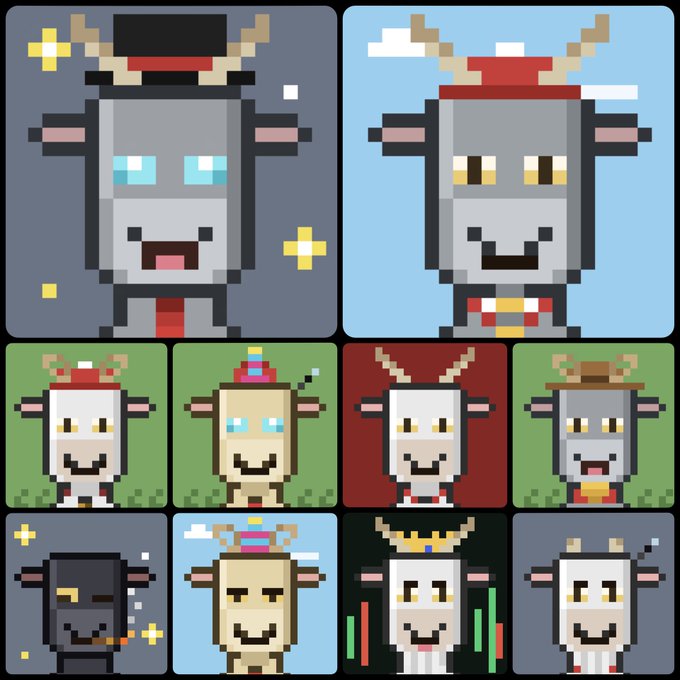 A 3x3 grid of pixel art NFT-style characters depicting various bull/ox figures with different hats, expressions, and backgrounds in blocky retro style.