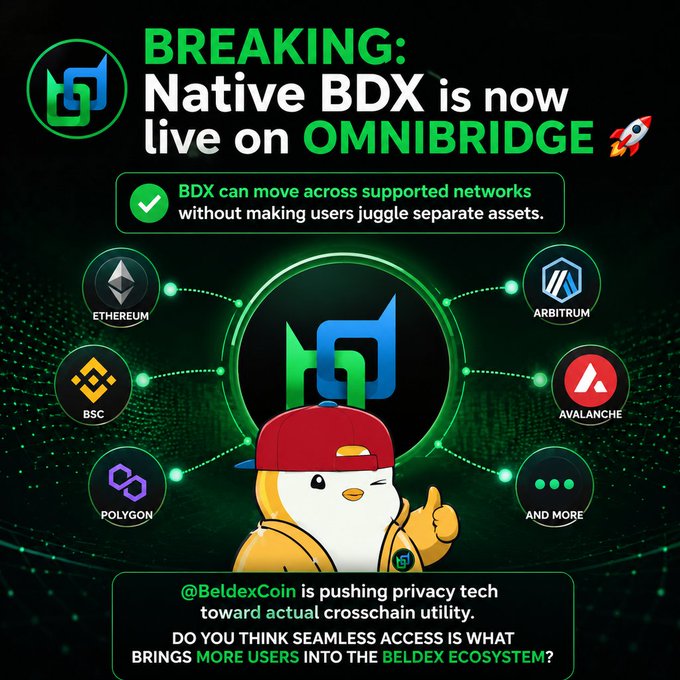 Promotional graphic announcing 'BREAKING: Native BDX is now live on OMNIBRIDGE 🚀', showing the Beldex (BDX) logo connecting to networks including Ethereum, BSC, Polygon, Arbitrum, and Avalanche, asking whether seamless access brings more users into the Beldex ecosystem.
