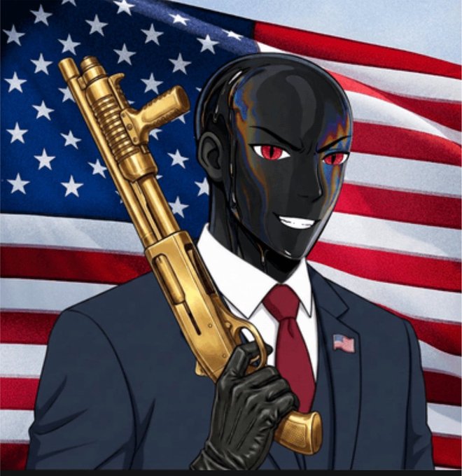 An anime-style illustration of a figure in a suit with a dark, metallic face and red eyes holding a gold rifle in front of an American flag.