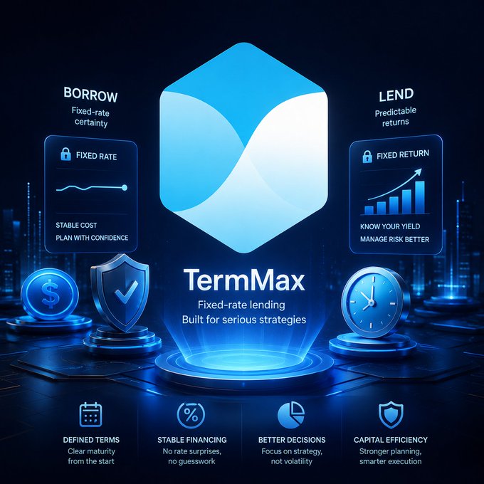 A promotional graphic for 'TermMax,' a fixed-rate lending platform, highlighting features like borrowing and lending with stable costs, predictable returns, and capital efficiency.