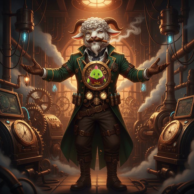 The image features a man dressed as a steampunk character, wearing a green coat with a mustache and holding a clock above his head. The man appears to be waking up from sleep or taking a break from work. There are several clocks visible in the scene, suggesting that this is an art project or a creative space where time-related themes are explored. The post about @sleepagotchi gm posts seems unrelated and unrelated to the main image of the steampunk character with his clock above his head.