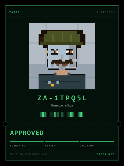 A pixel art portrait of a bearded man in a green hat with the ID 'ZA-1TPQ5L' (@uncle_r3za) and an 'APPROVED' status from ZADDR WHITELIST.