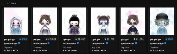 A row of 6 NFT collectible character cards from the account "pyoyopyoyoyo" with prices in ETH, featuring various chibi-style anime characters, all with top offers of 0.0144 METH.