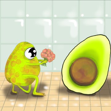 A cartoon illustration of a green spotted frog holding a small bouquet of pink flowers while facing a large half of an avocado on a tiled floor.