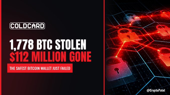 A CryptoPatel graphic with the COLDCARD logo, red lock imagery, and text reading '1,778 BTC STOLEN $112 MILLION GONE THE SAFEST BITCOIN WALLET JUST FAILED'.