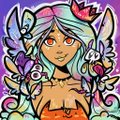 Anime-style illustration of a character with long teal hair and orange eyes, surrounded by floral and ornamental designs.