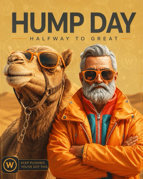 A motivational 'HUMP DAY - HALFWAY TO GREAT' poster featuring a man in an orange leather jacket and orange sunglasses standing next to a camel wearing matching sunglasses, with a 'W' badge reading 'KEEP PUSHING YOU'VE GOT THIS'.