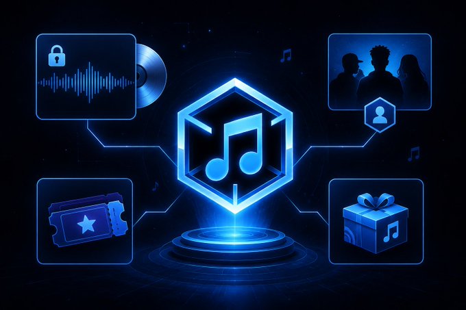 A blue digital illustration featuring a central music note icon within a hexagon, surrounded by icons for audio files, users, tickets, and a gift box.