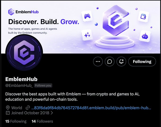 The image shows a social media post about Emblem Hub, which is an online community for building and sharing apps. The post features a logo of a purple hexagon with a crown at its center, symbolizing the hub's purpose. It also includes text that encourages users to "Discover the best apps built with Emblem Hub", highlighting the app development platform's role in fostering innovation within the ecosystem. The post mentions a specific date and time for followers to engage with the content, suggesting that it is relevant and timely information.