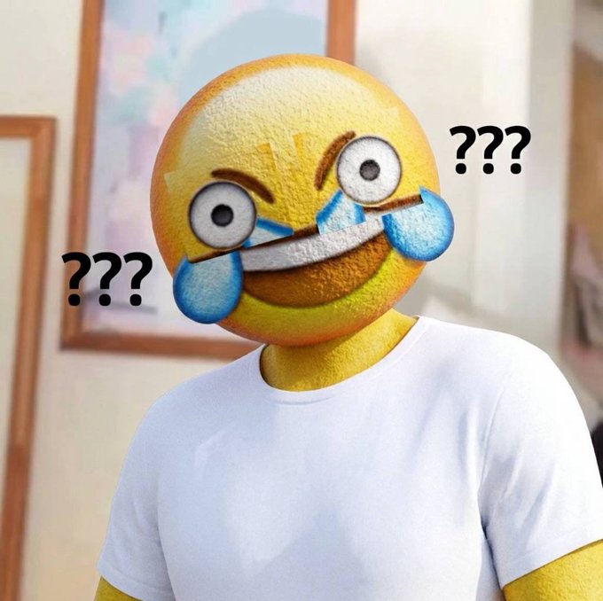 A person wearing a white t-shirt with their head replaced by a confused emoji with '???' floating on either side.