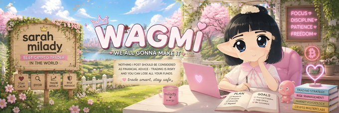 A colorful banner for 'WAGMi' featuring an anime-style girl at a desk, branded as 'sarah milady BEST CRYPTO TRADER IN THE WORLD' with themes of trading, crypto mastery, and 'WE ALL GONNA MAKE IT'.