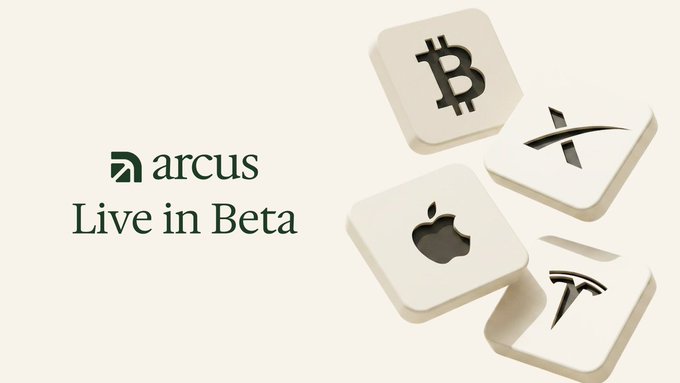 The image shows the "Arcus - Live in Beta" logo alongside tiles featuring Bitcoin, X (formerly Twitter), Apple, and Tesla logos, visually representing Arcus's expansion into multiple asset classes. The accompanying post highlights how crypto projects like dYdX are rebranding through Arcus, whose partnership with Robinhood could provide access to over 27 million users across these mainstream financial platforms.