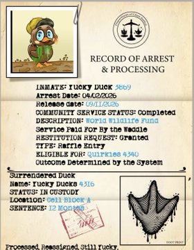 A stylized 'Record of Arrest & Processing' document for 'Yucky Duck' for crimes including 'Squatting in a Gustave' and 'Being Sick', featuring a cartoon duck and a mysterious dark figure.