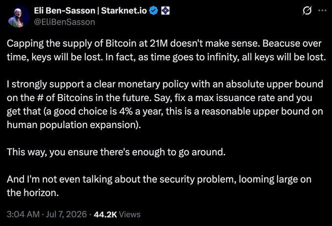The image shows a tweet from Eli Ben-Sasson (@EliBenSasson) of Starknet.io, dated July 7, 2026, arguing that Bitcoin's 21M supply cap is problematic because lost private keys will eventually remove BTC from circulation, and proposing a fixed maximum issuance rate of 4% per year instead. The post aligns with the Vietnamese caption describing how the Zcash co-founder sparked controversy by suggesting Bitcoin's supply should not be capped at 21 million due to permanent loss of BTC from lost keys.
