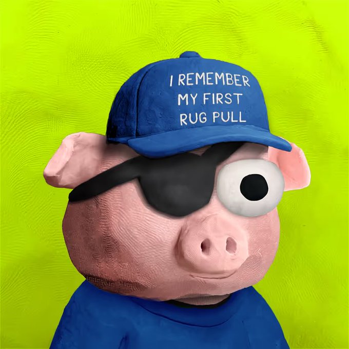 A 3D-rendered pig wearing a black eye patch and a blue cap that reads 'I REMEMBER MY FIRST RUG PULL' against a bright green background.