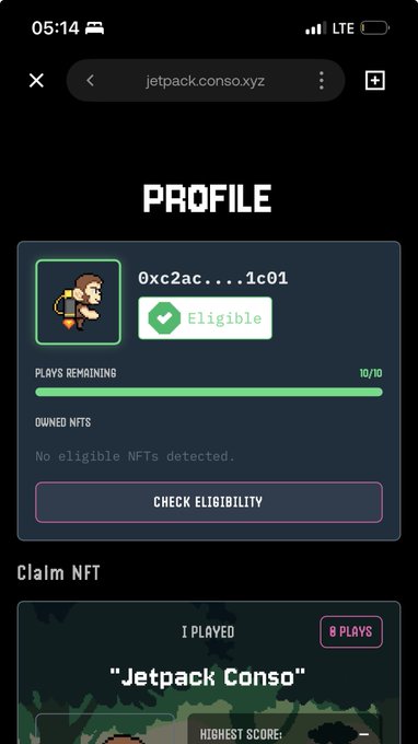 A mobile screenshot of jetpack.conso.xyz showing a profile for wallet address 0xc2ac...1c01 with 10/10 plays remaining, marked as Eligible, and a partial view of a Claim NFT section for 'Jetpack Conso' with 8 plays.