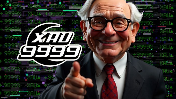 A stylized illustration of an older man in a suit and glasses giving a thumbs up, with a 'XAU 9999' logo and a background of scrolling green financial data.