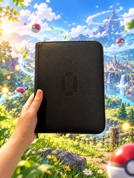A hand holds up a black tablet case with an embossed logo against a vibrant fantasy landscape featuring a castle, Poké Balls, and colorful scenery, celebrating an offchain gift received from Renaiss Vietnam as a reward for trading cards.