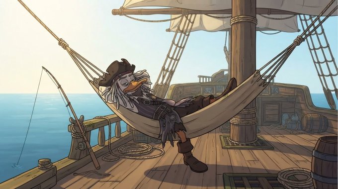 An illustrated anthropomorphic duck character dressed as a pirate relaxes in a hammock on the deck of a sailing ship. The pirate wears a tricorn hat and holds a fishing rod, with barrels and rigging visible on the wooden deck.