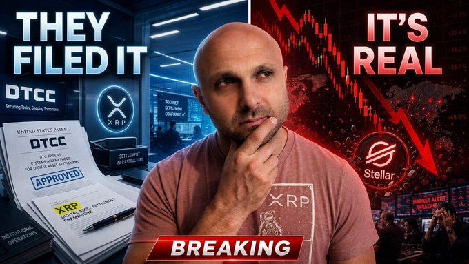 The image shows a man holding up his hand with his chin, looking at a sign that reads "BREAKING" above an illustration of people watching stock markets online, which indicates that there's some significant news about virtual currencies or investments. There is also text in the image related to intellectual property, specifically mentioning that DTCC just filed two patents for the names XRP and Stellar (which are indeed related to virtual currency) confirmed it was real.