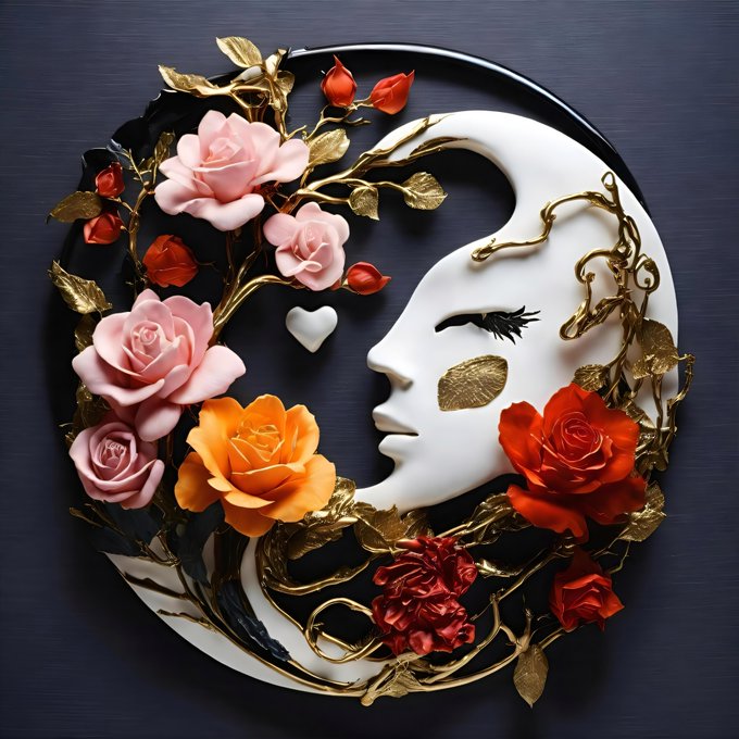 A decorative, circular artistic piece featuring a white half-face mask with gold lips, surrounded by sculpted pink, orange, and red roses, intertwined with gold vines and a small white heart against a dark background.