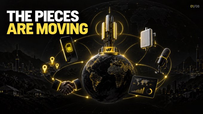 A promotional graphic displays the text 'THE PIECES ARE MOVING' above a globe surrounded by interconnected digital devices and a communications tower.