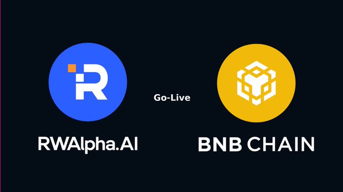 The image features two logos - one blue with a white "R" and another yellow with a white "B". The blue logo represents the word "RW", while the yellow logo has an "A" on it, which could be interpreted as "AI". Both logos are related to the concept of Go-Live. The text in the image reads: "More RWAs landed on BNB Chain is now live, bringing income ETFs exposure to users on BNB Chain @RWAlpha_AI is now live." This suggests that the image is promoting a new feature or update for the cryptocurrency platform, which allows users to invest in ETFs directly from the platform.