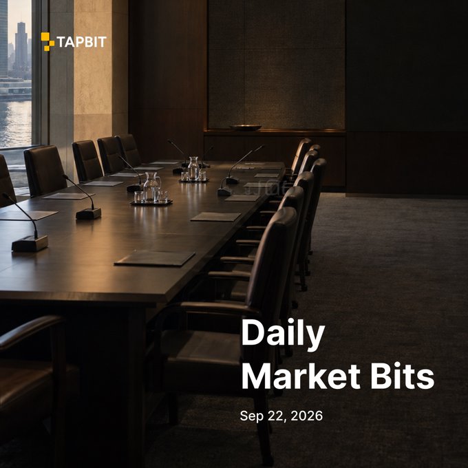 A promotional graphic from TAPBIT titled "Daily Market Bits" dated Sep 22, 2026, featuring a dimly lit boardroom with a long conference table, leather chairs, and microphones set against a window with a city skyline view.