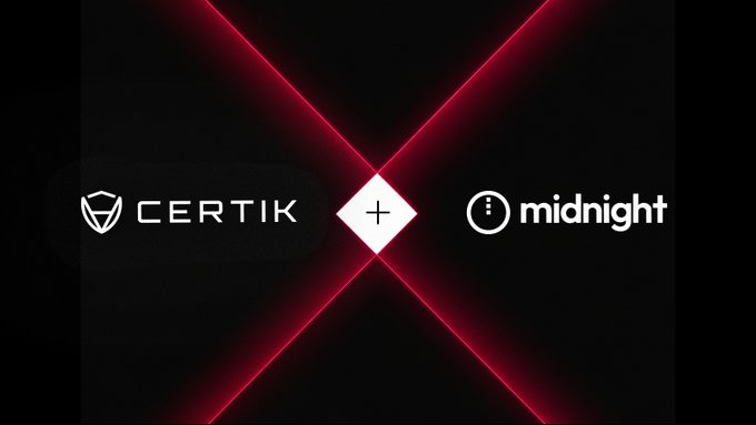 A promotional graphic featuring the logos of "CERTIK" and "midnight" separated by a plus sign and intersected by red neon light beams, visually representing the partnership between the two companies mentioned in the post.
