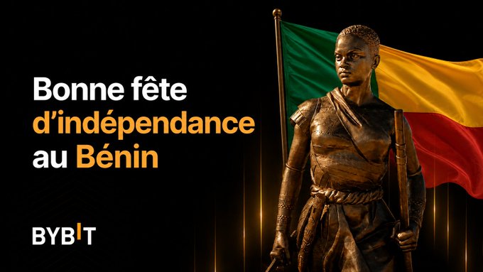 A promotional graphic from BYBIT features a bronze statue of a warrior holding the green, yellow, and red flag of Benin against a dark background, with the text "Bonne fête d'indépendance au Bénin" celebrating the West African nation's August 1st Independence Day.