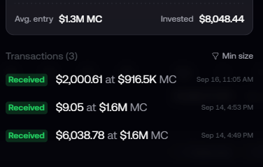 Dark-themed crypto portfolio screenshot showing an average entry of $1.3M MC and total invested of $8,048.44, with three 'Received' transactions listed.