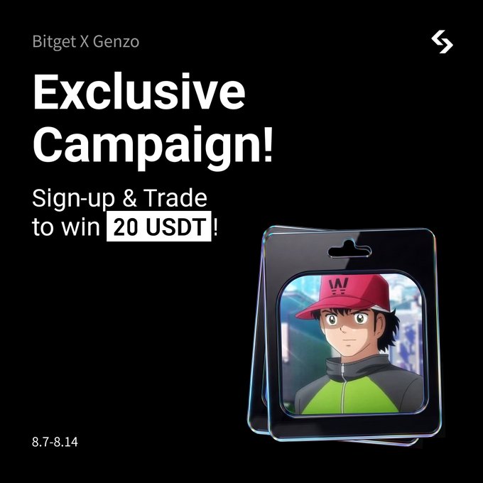 Bitget X Genzo exclusive campaign ad offering 20 USDT for sign-up and trading, running 8.7-8.14, featuring an anime character package illustration.