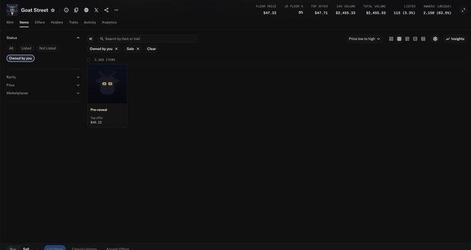 Screenshot of a crypto/NFT marketplace profile for 'Goat Street' showing a floor price of $47.22 and a single listed 'Pre-reveal' item priced at $45.52.
