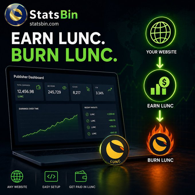A StatsBin advertisement promoting its "Earn LUNC. Burn LUNC." service, showing a Publisher Dashboard with 12,456.98 LUNC total earnings, 245,729 views, 8,217 clicks, and a 3.34% CTR, illustrating how website owners can earn and burn Terra Classic (LUNC) cryptocurrency. The post highlights excitement about this utility extending to mobile in-game ads, where developers could profit by burning their way to gains while acquiring LUNC equity.