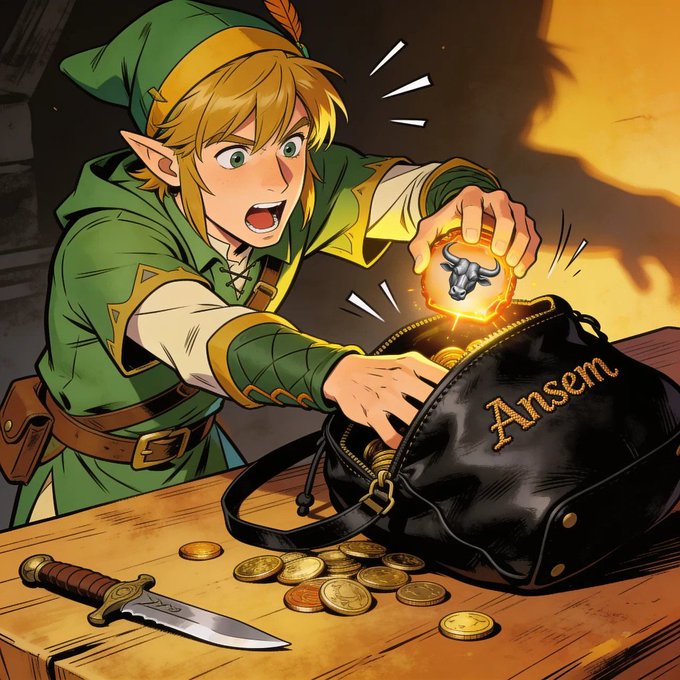 An anime-style illustration shows a young, blonde character with pointed ears, dressed in a green tunic, excitedly pulling a glowing gold coin featuring a bull's head from a black bag labeled 'Ansem' that is spilling coins onto a wooden table next to a knife.