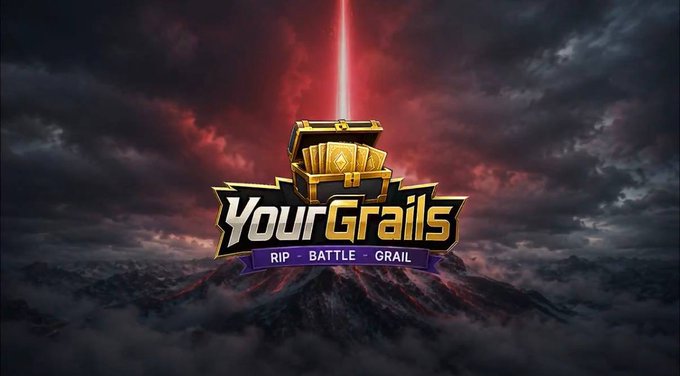 Promotional graphic for a game titled 'YourGrails' featuring a golden treasure chest emitting a red laser beam against a dramatic cloudy sky, with the tagline 'RIP · BATTLE · GRAIL'.