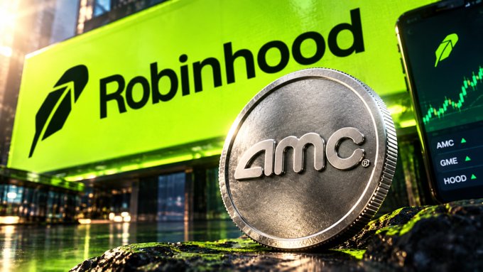 A promotional image featuring the Robinhood logo on a green sign in the background, with a metallic AMC coin in the foreground and a smartphone displaying a stock chart showing AMC, GME, and HOOD tickers rising.