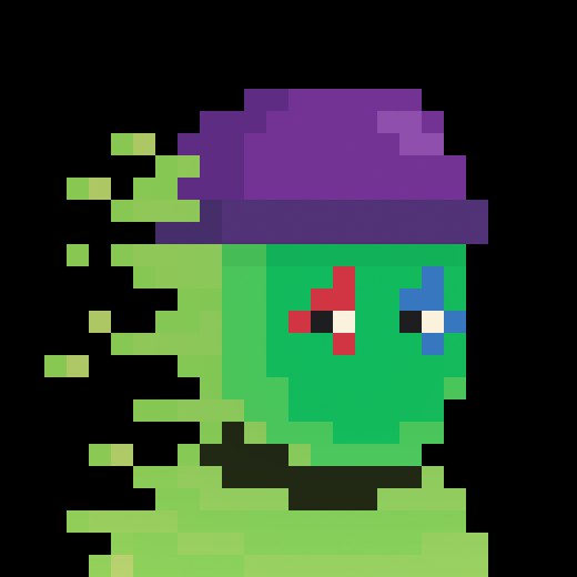 Pixel art portrait of a green-skinned character with a purple hat, mismatched red and blue eyes, and pixelated wind-blown hair.
